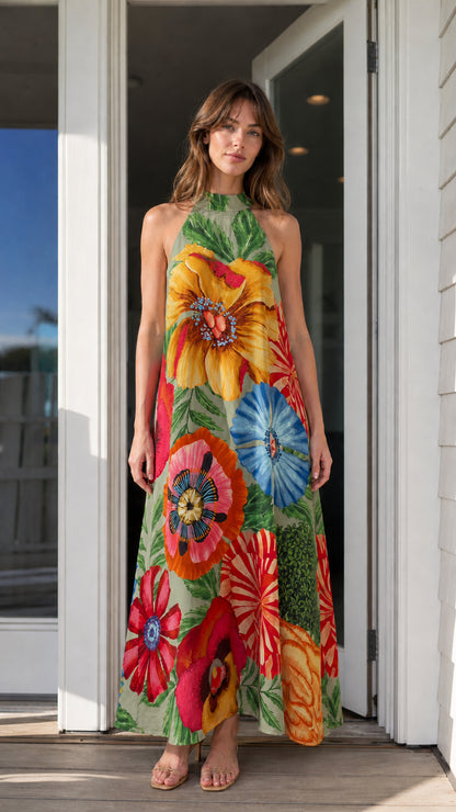 Vibrant floral halter neck maxi dress in green