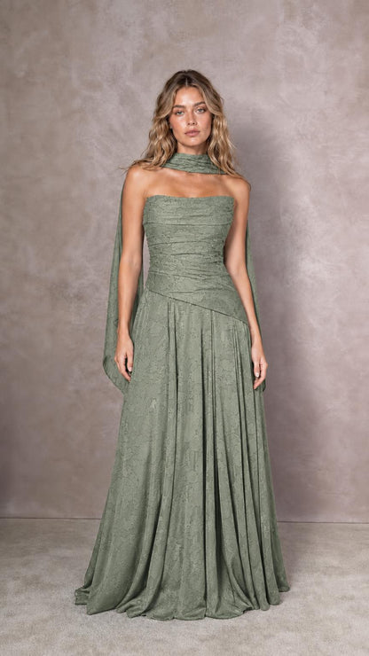 Front view of model wearing sage green strapless evening dress