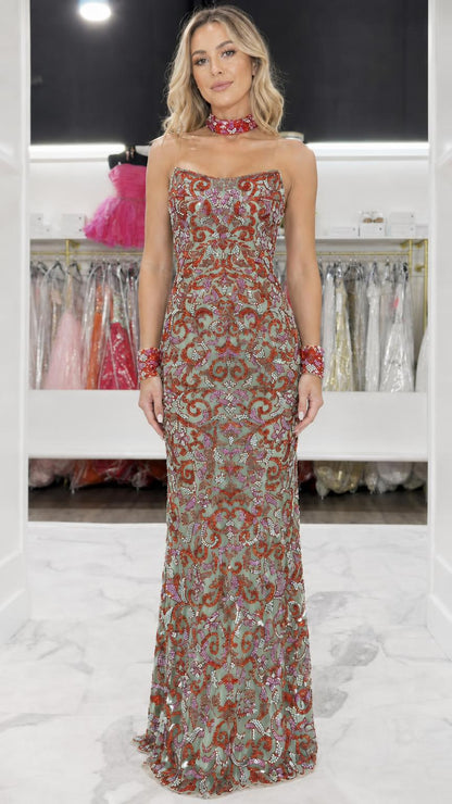 Sage green embellished strapless evening gown variant