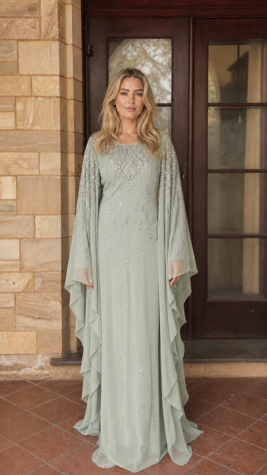 Sage green beaded kaftan maxi dress