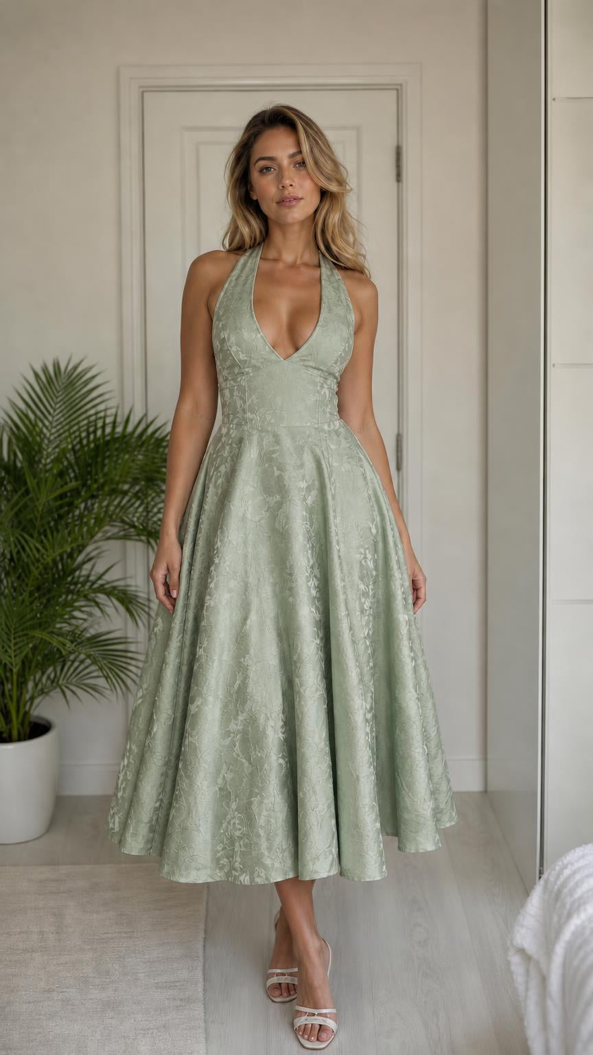 Model wearing sage green halter midi dress