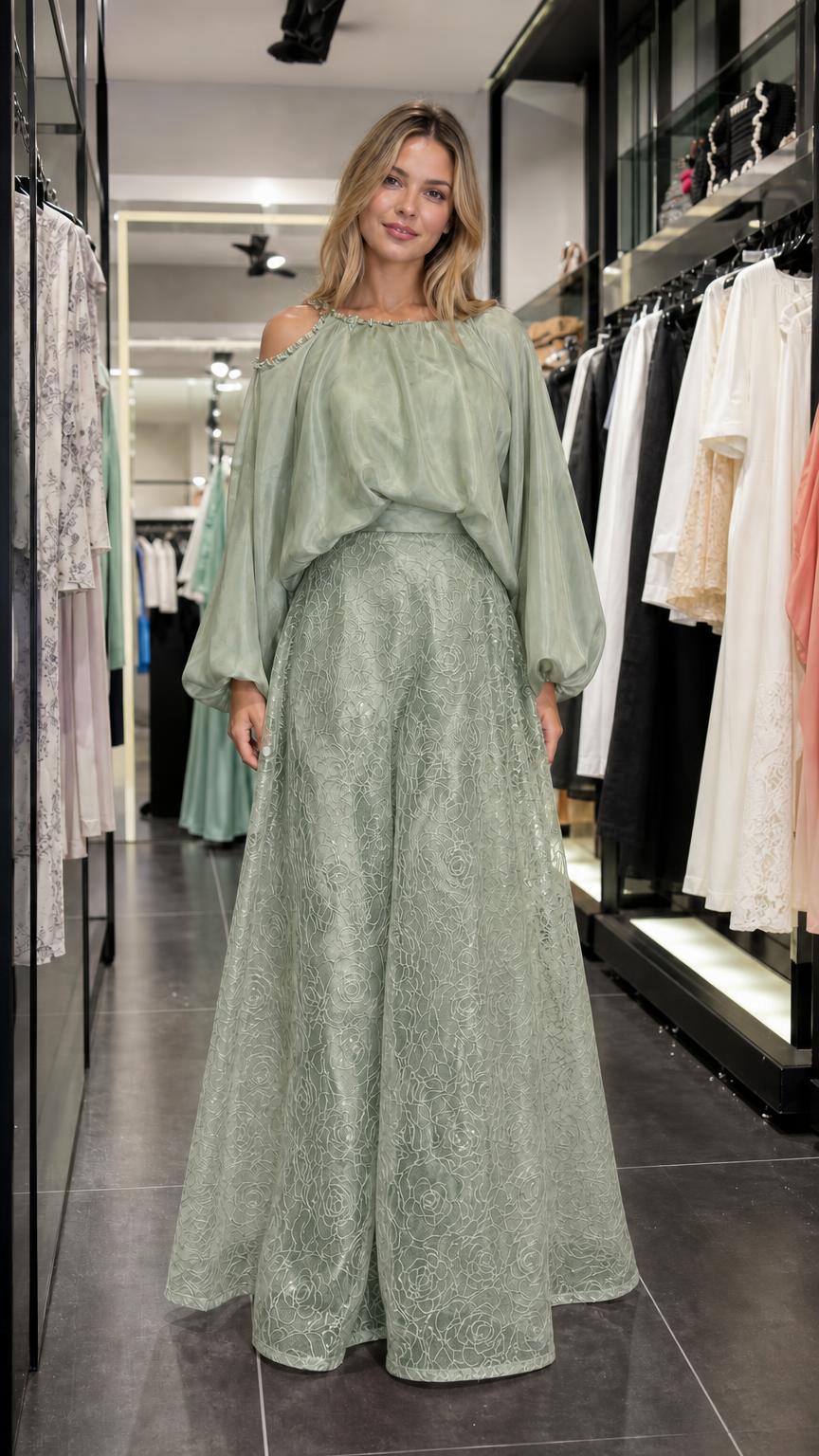 Model wearing sage green two-piece set