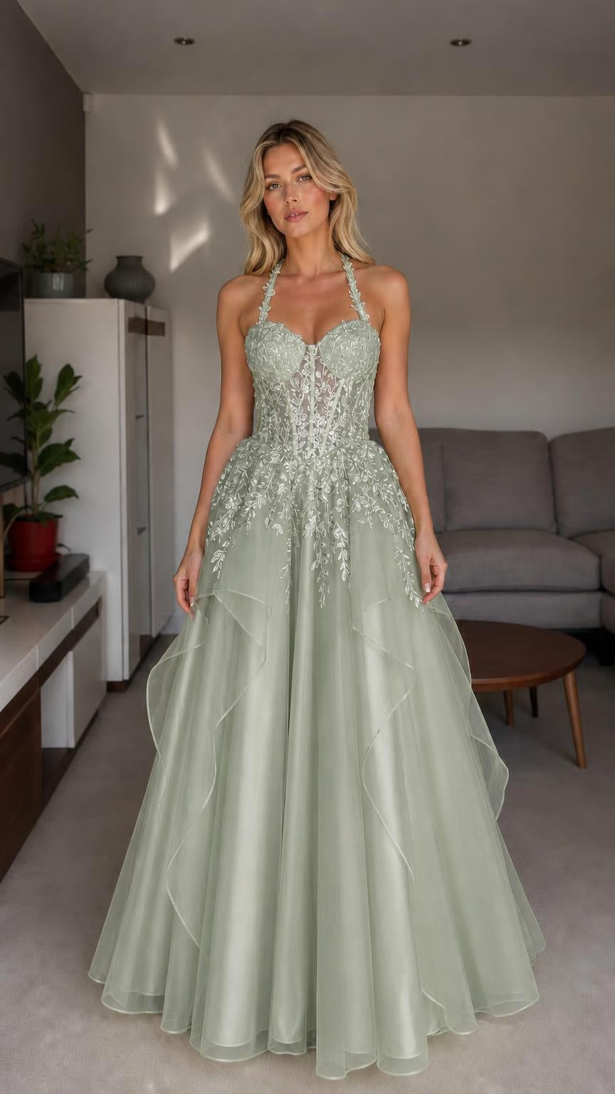Front view of sage halter embroidered tulle ball gown