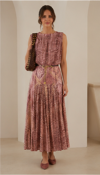 Women's printed sleeveless belted midi dress in Dusty Pink