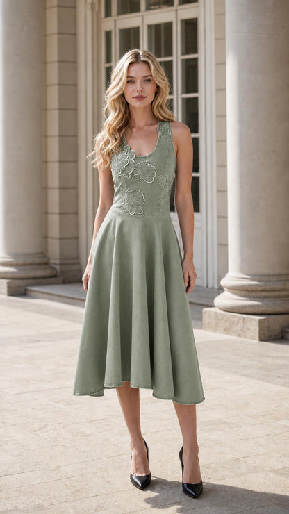 Model wearing sage green sleeveless floral applique midi dress