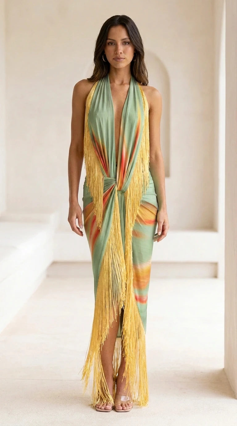 Model wearing green multi-color gradient fringe maxi dress