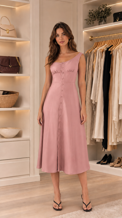 Front view of blush pink square neck sleeveless button front midi dress