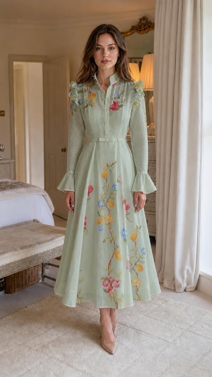 Front view of woman wearing sage green botanical embroidered midi dress