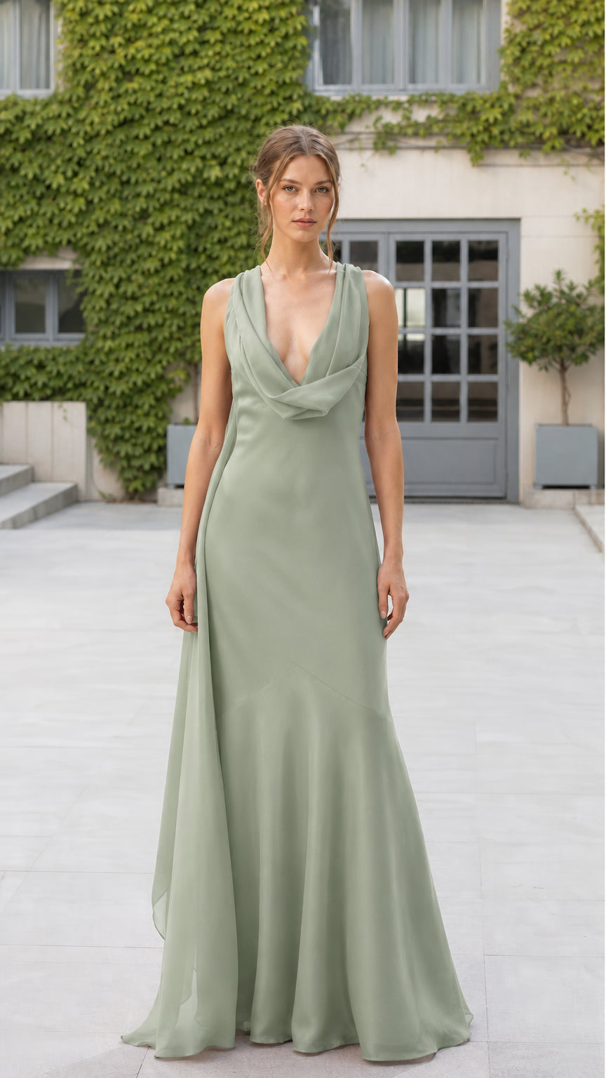 Model wearing sage green evening dress
