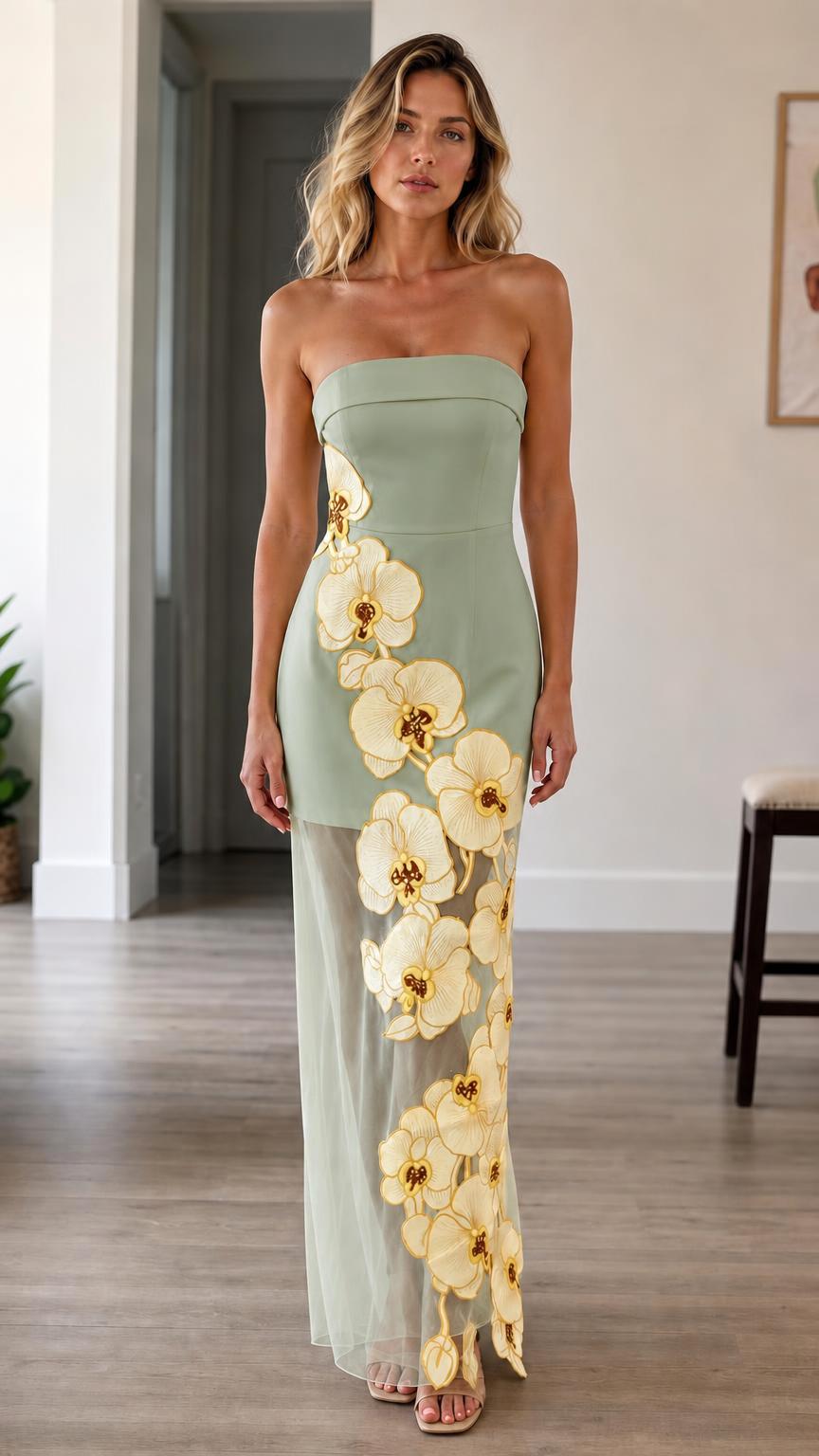 Front view of sage green strapless 3d floral maxi dress