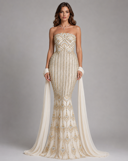 Full-length front view of champagne strapless mermaid gown with ornate vertical beadwork