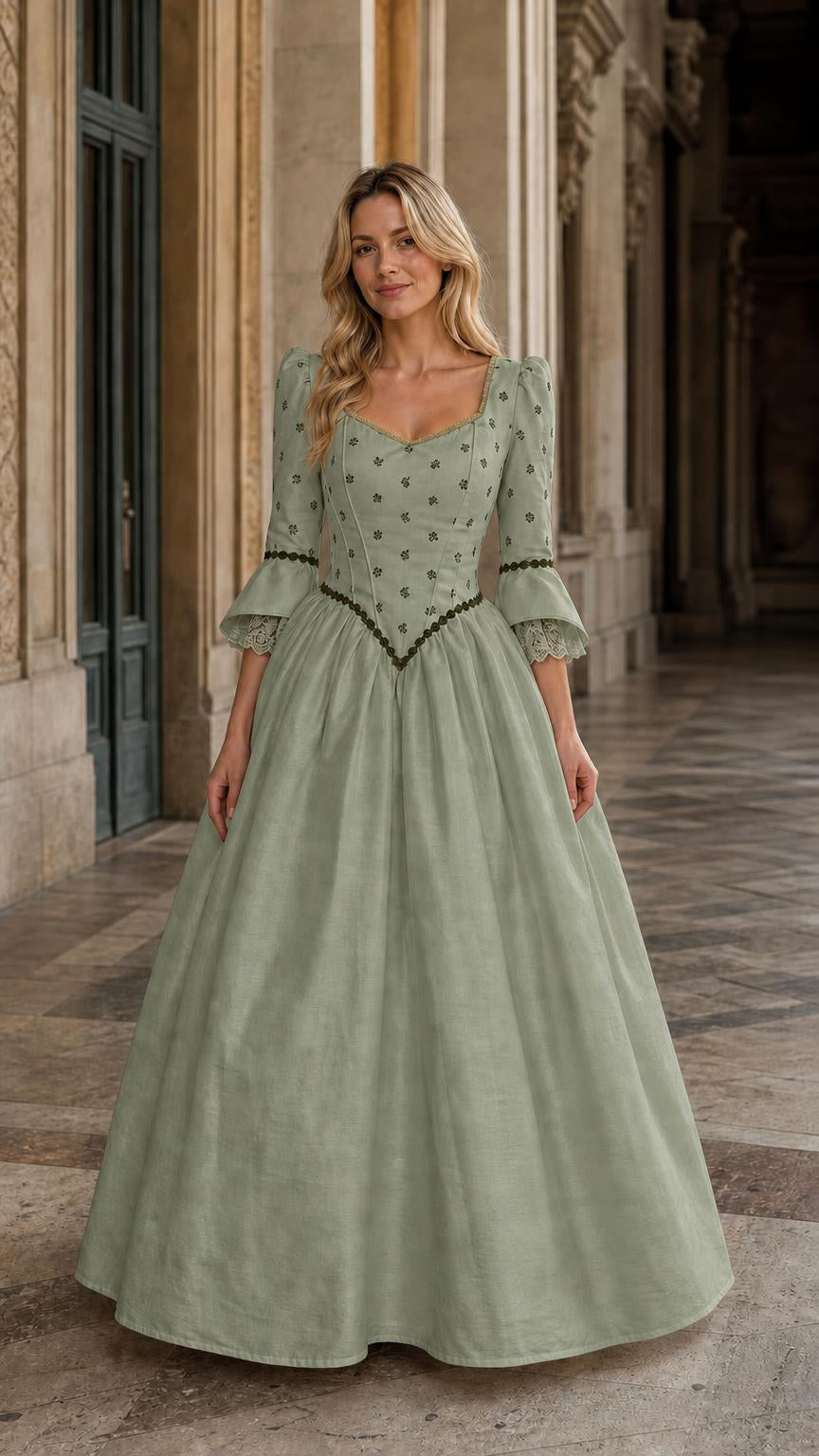 Full view of sage green Renaissance vintage maxi dress