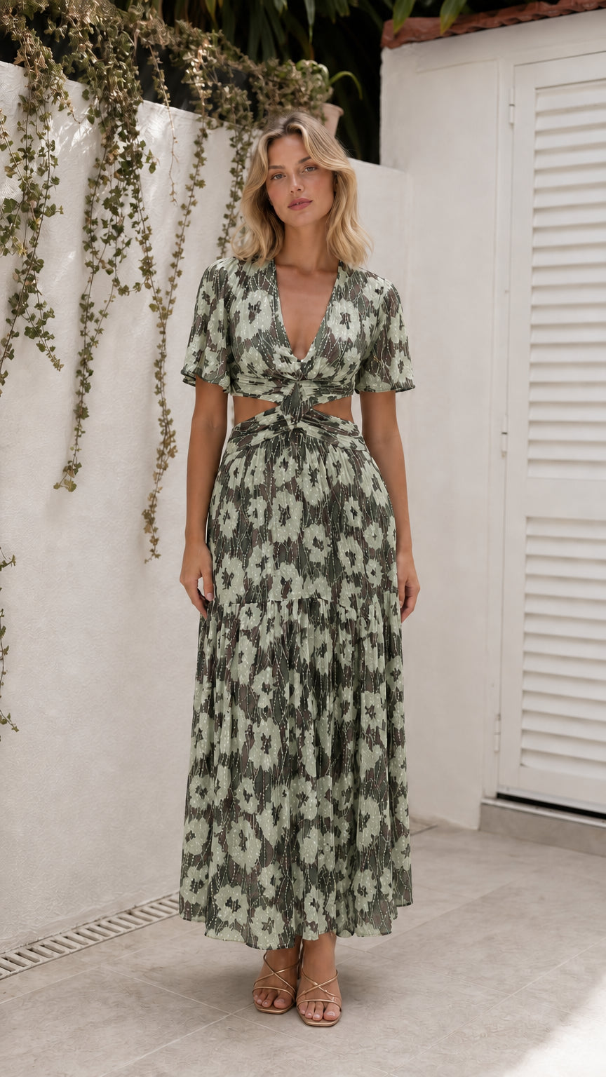 Model wearing sage green floral cutout maxi dress
