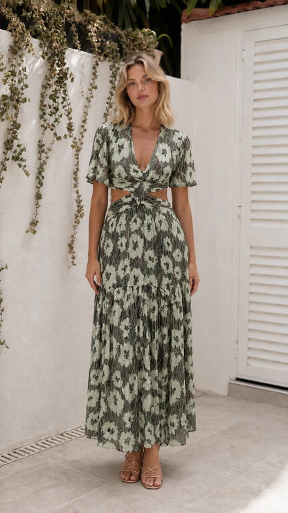 Model wearing sage green floral cutout maxi dress