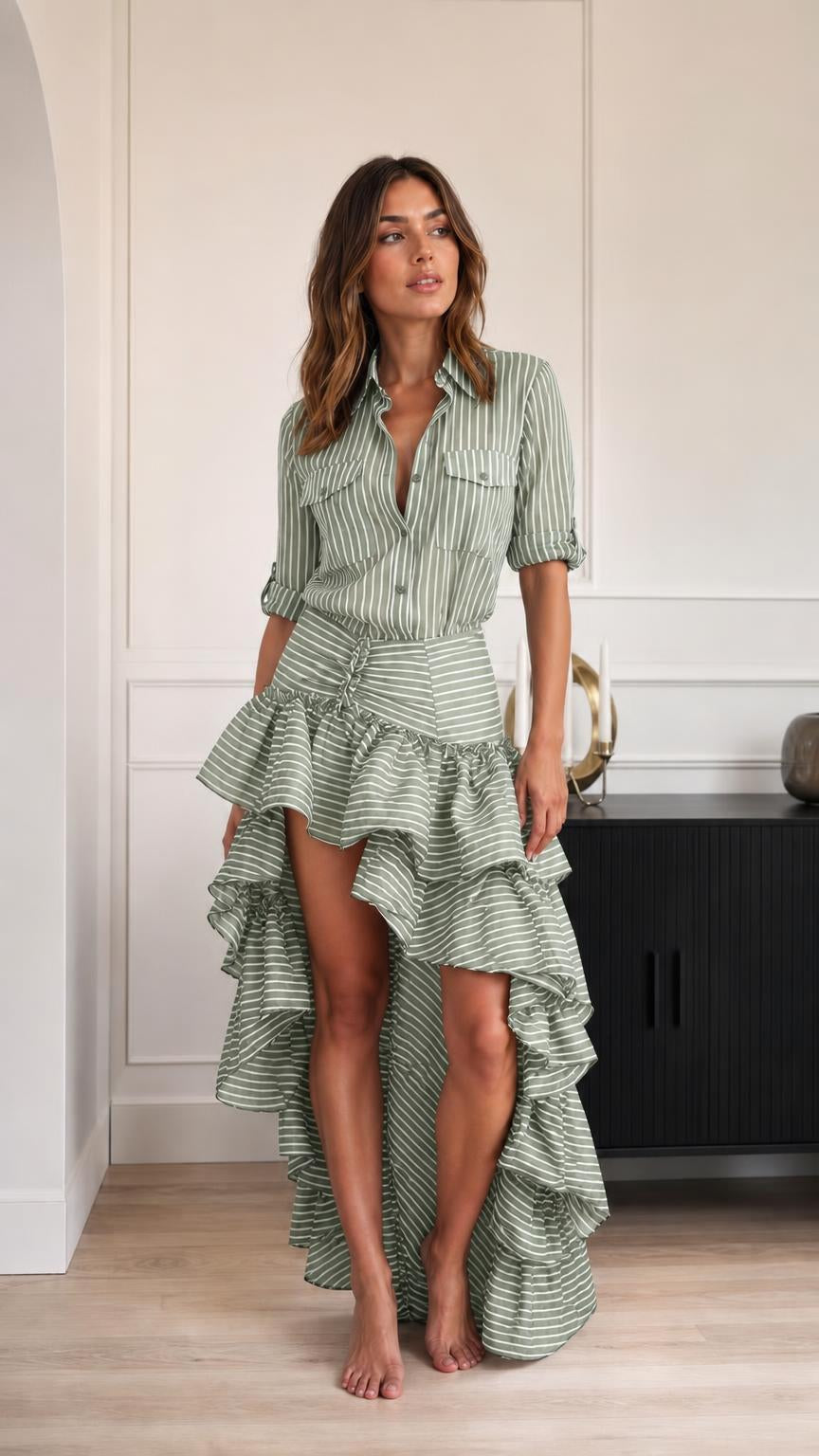 Model wearing green striped high-low ruffle dress