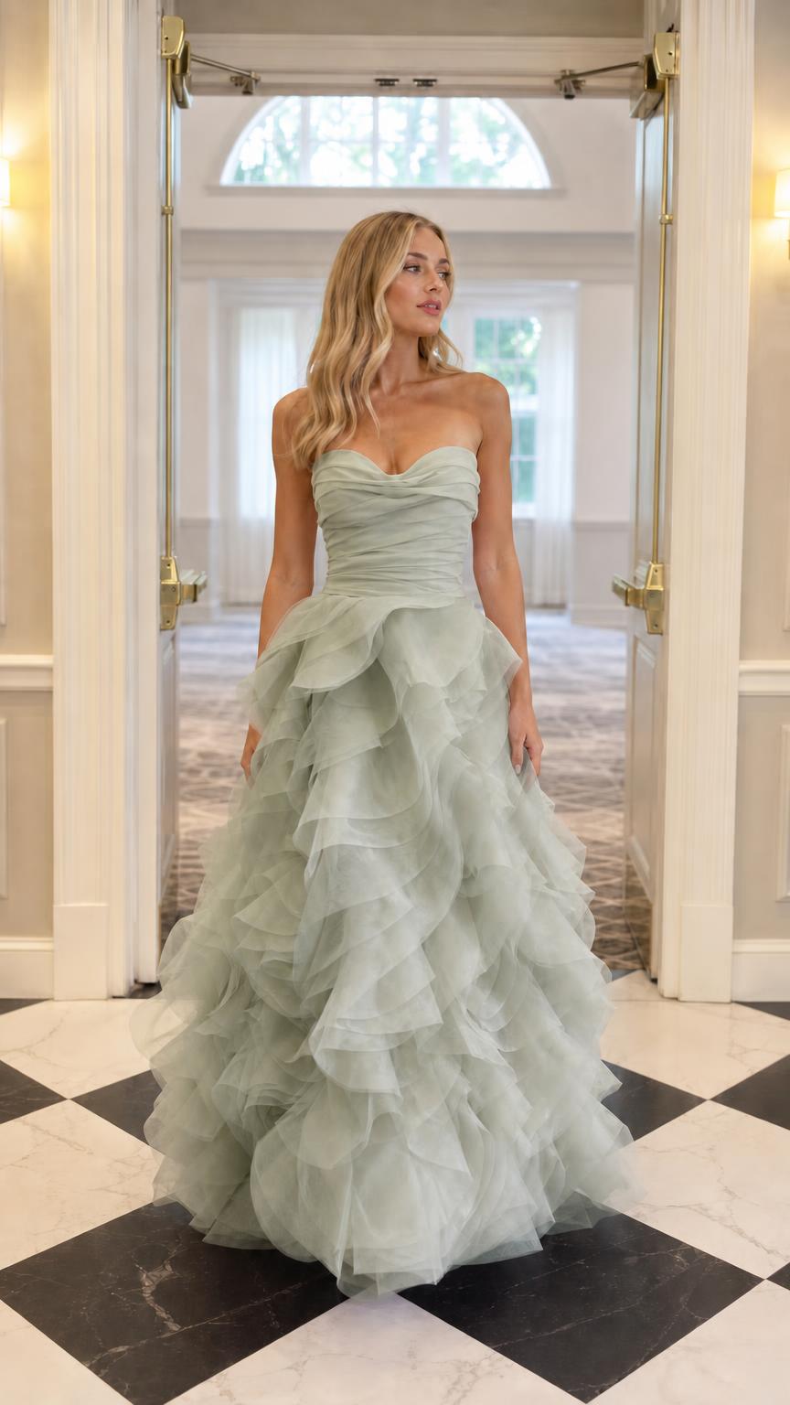 Model wearing sage green strapless tulle ball gown evening dress