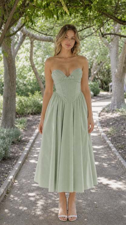 Front view of woman wearing sage green strapless corset midi dress