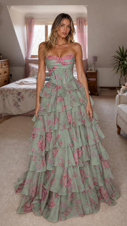 Front view of sage green floral strapless corset maxi dress