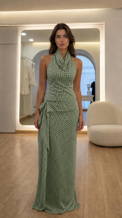 Front view of model wearing green polka dot two-piece set