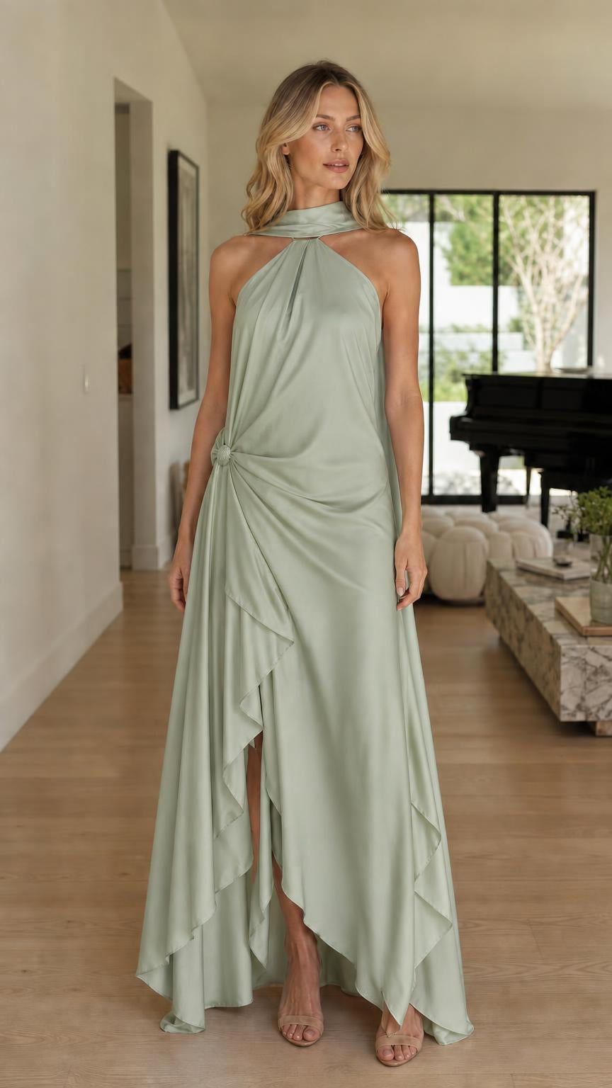 Model wearing sage green halter maxi dress