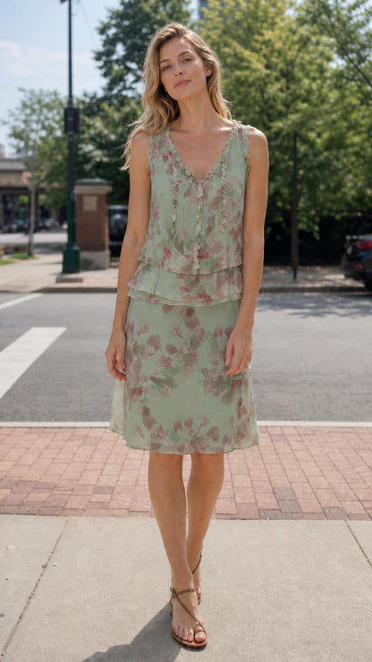 Front view of woman wearing Sage floral tiered dress