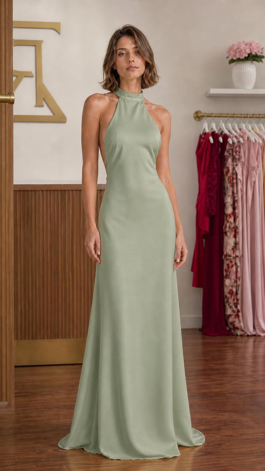 Front view of the sage green satin halter maxi dress