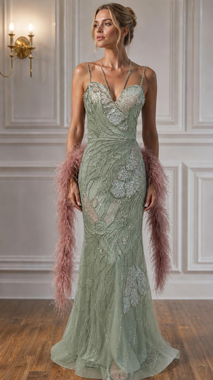 Model wearing sage green beaded evening gown