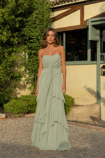 Front view of sage green strapless evening dress
