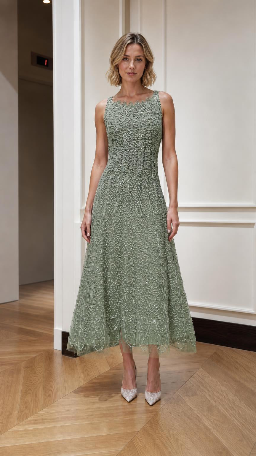 Sage green embellished sleeveless A-line midi dress shown from the front