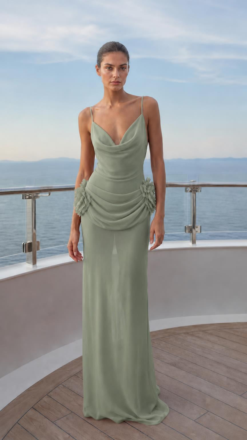 Front view of sage green evening gown