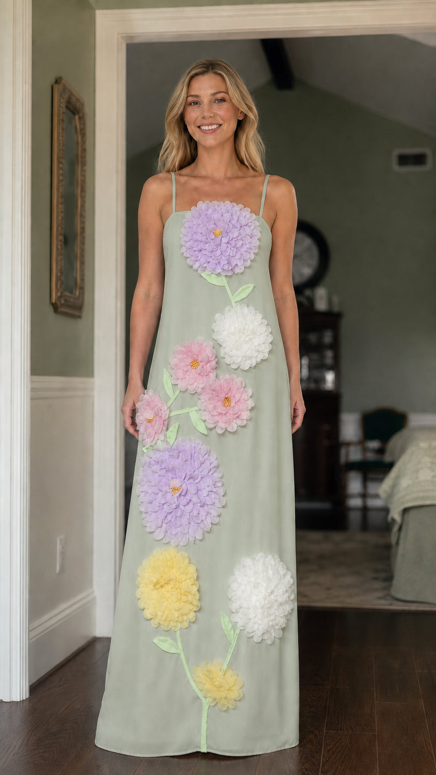 Front view of model wearing Sage 3D floral maxi dress