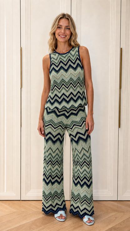 Woman wearing green chevron knit matching set