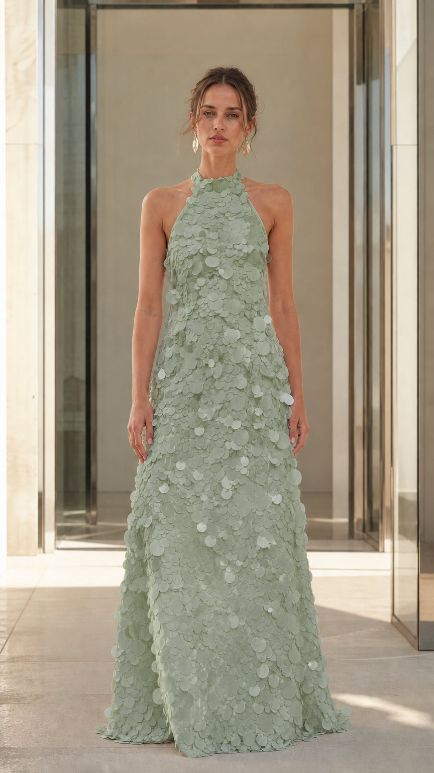 Full view of Sage Green 3D floral applique halter maxi dress