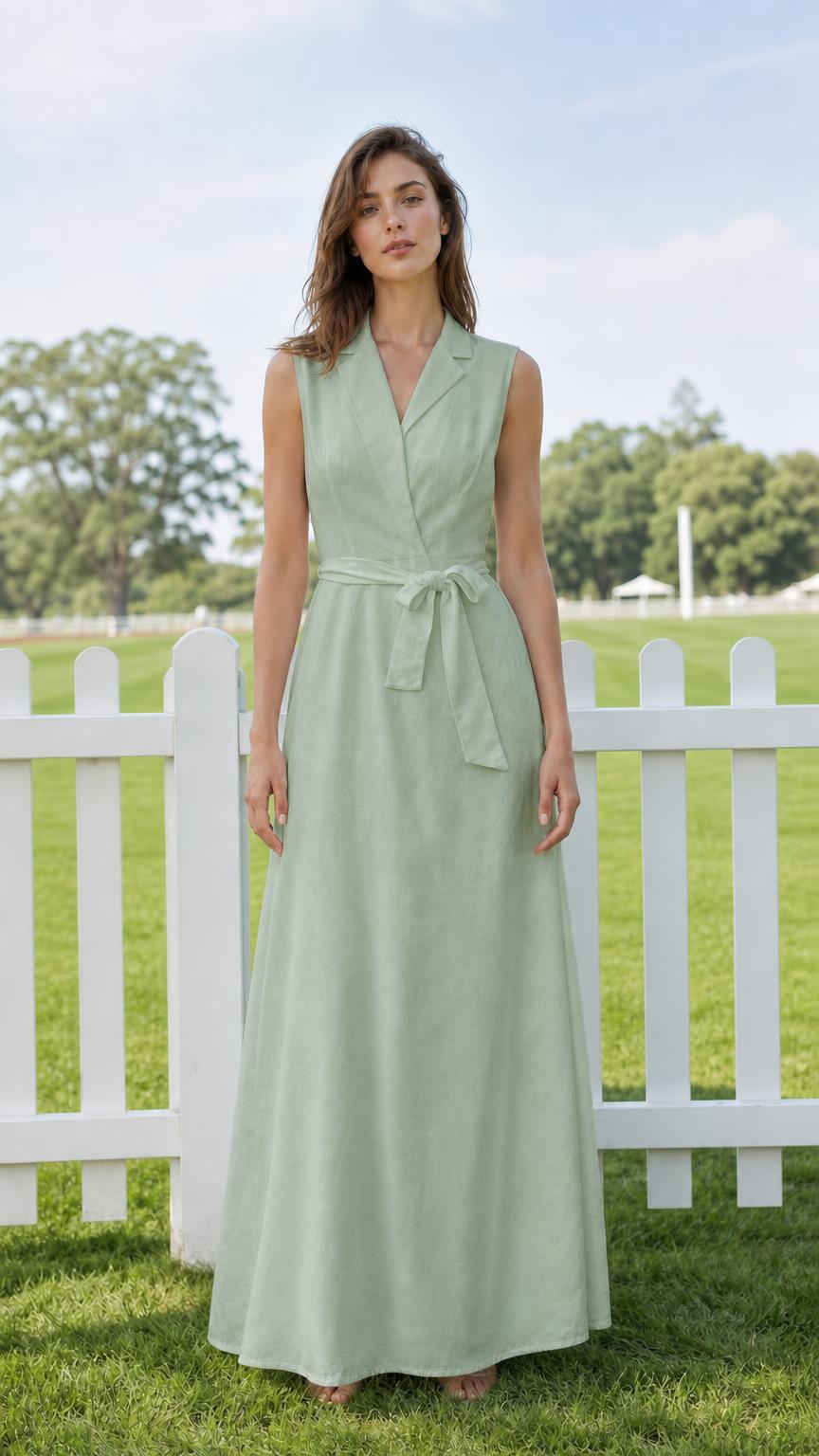 Model wearing sage green sleeveless lapel maxi dress