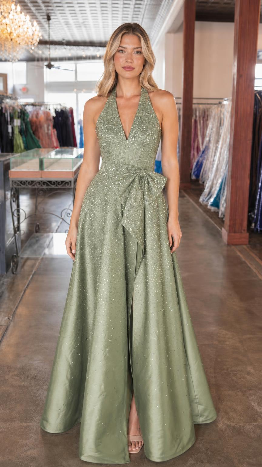 Front view of sage green glitter halter evening dress
