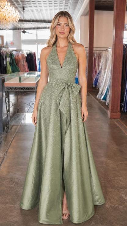 Front view of sage green glitter halter evening dress