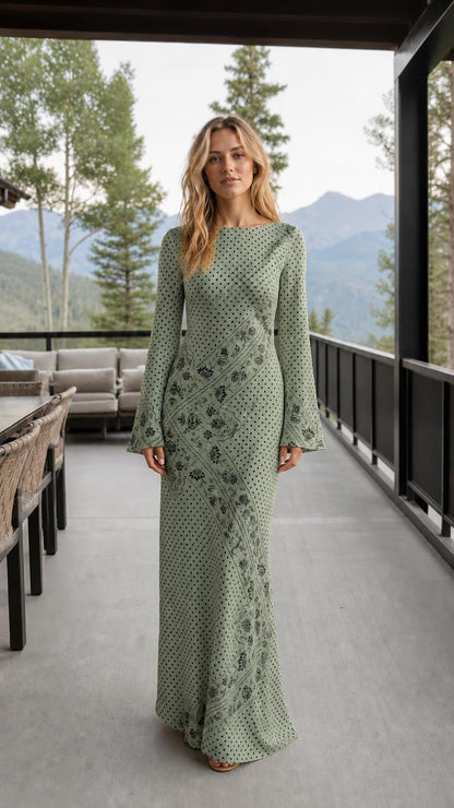 Front view of sage printed long sleeve maxi dress