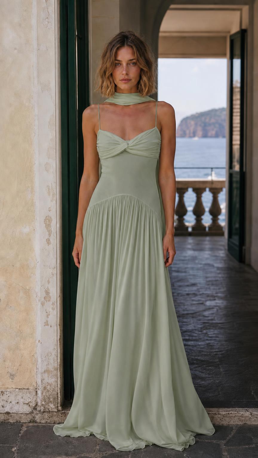 Front view of Sage Green chiffon maxi dress with matching scarf
