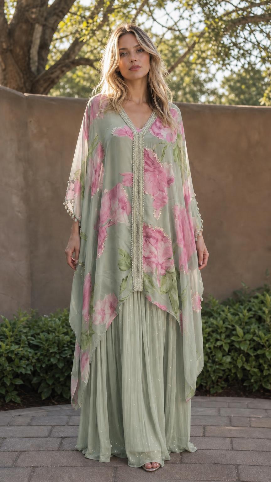 Model wearing sage green floral print maxi kaftan dress