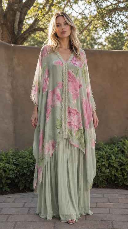 Model wearing sage green floral print maxi kaftan dress