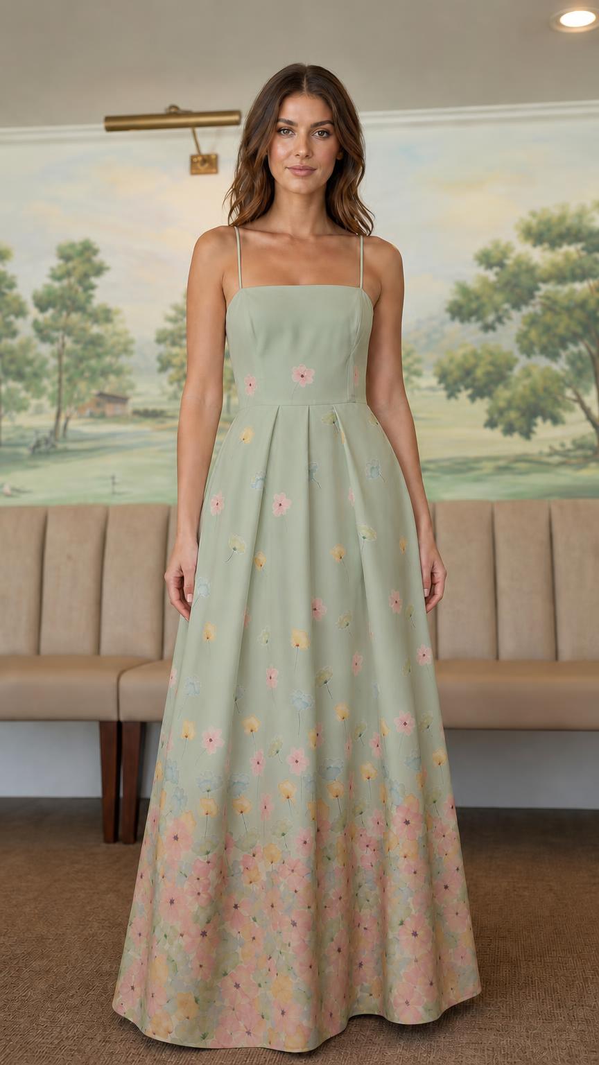 Front view of sage green floral ombre maxi dress