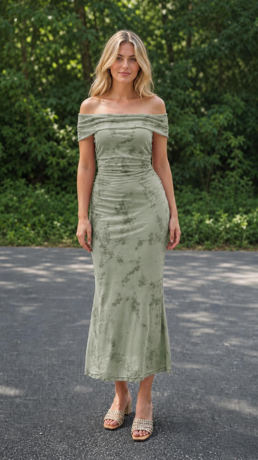 Model wearing sage off-the-shoulder ruched floral midi dress, front view