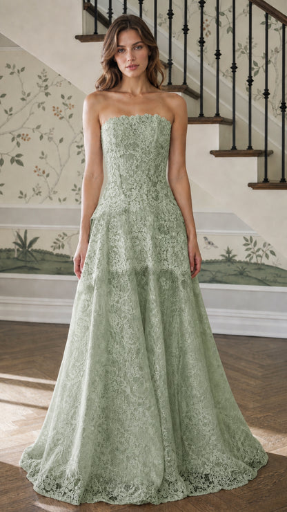 Front view of sage green strapless lace evening gown