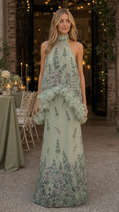 Model wearing sage green floral print ruffled halter maxi dress