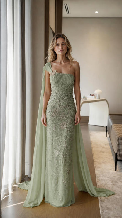 Front view of sage green one-shoulder beaded evening gown