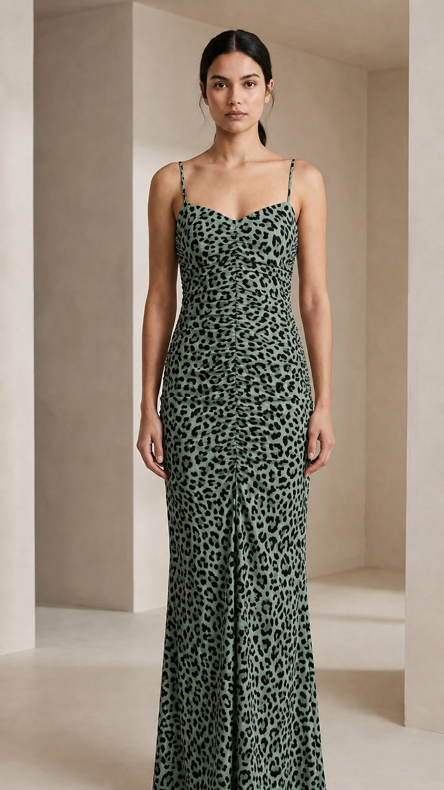 Front view of green leopard print maxi dress