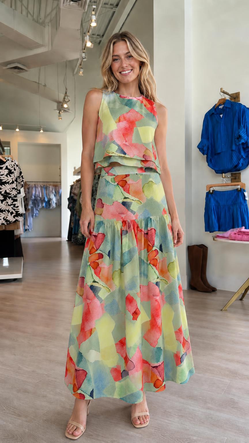Green multi color variant of two-piece maxi set
