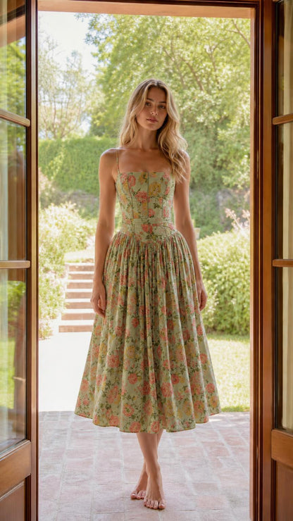 Full length view of sage floral midi sundress on model