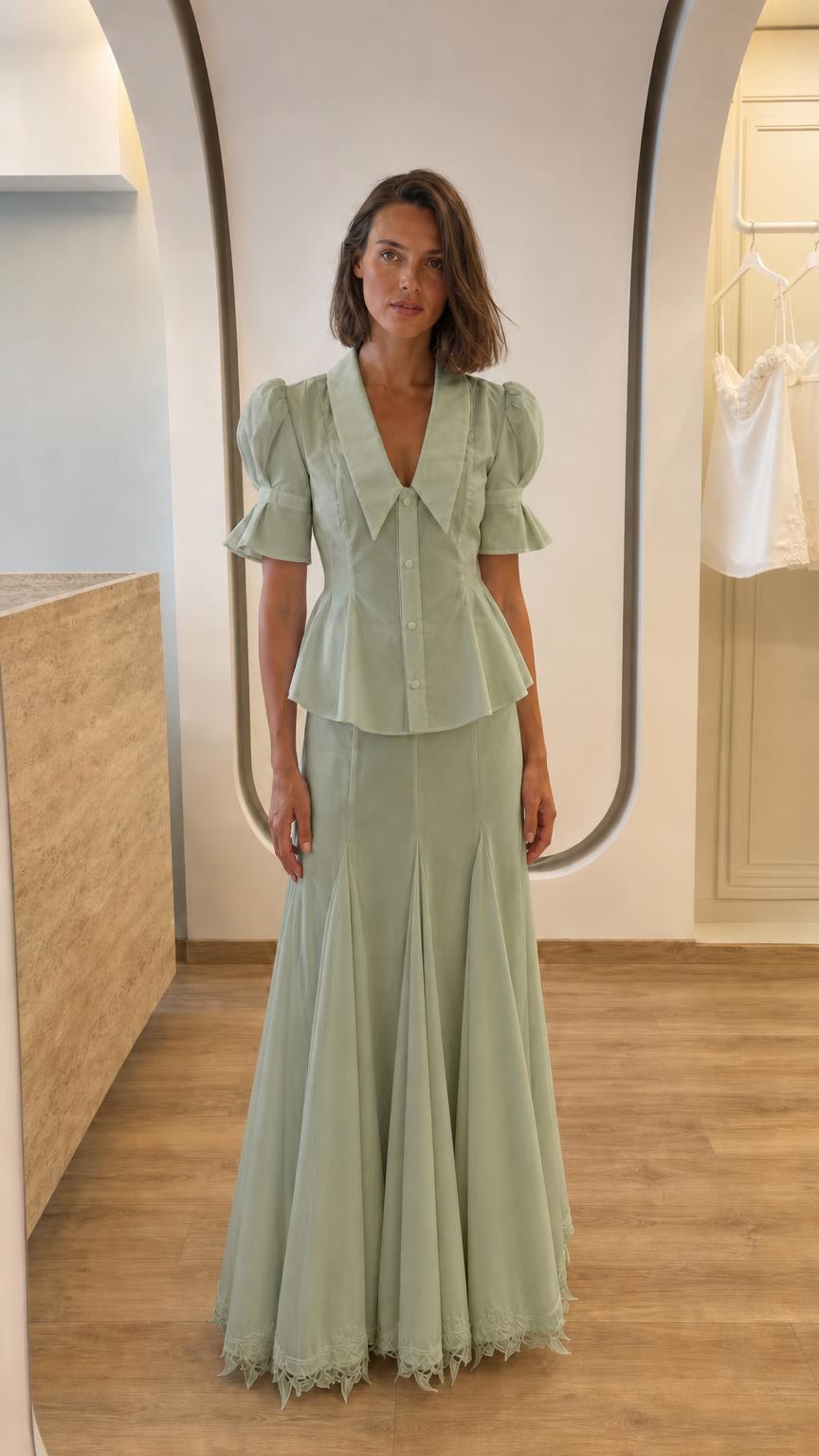 Front view of woman in sage green two-piece peplum top and maxi skirt set