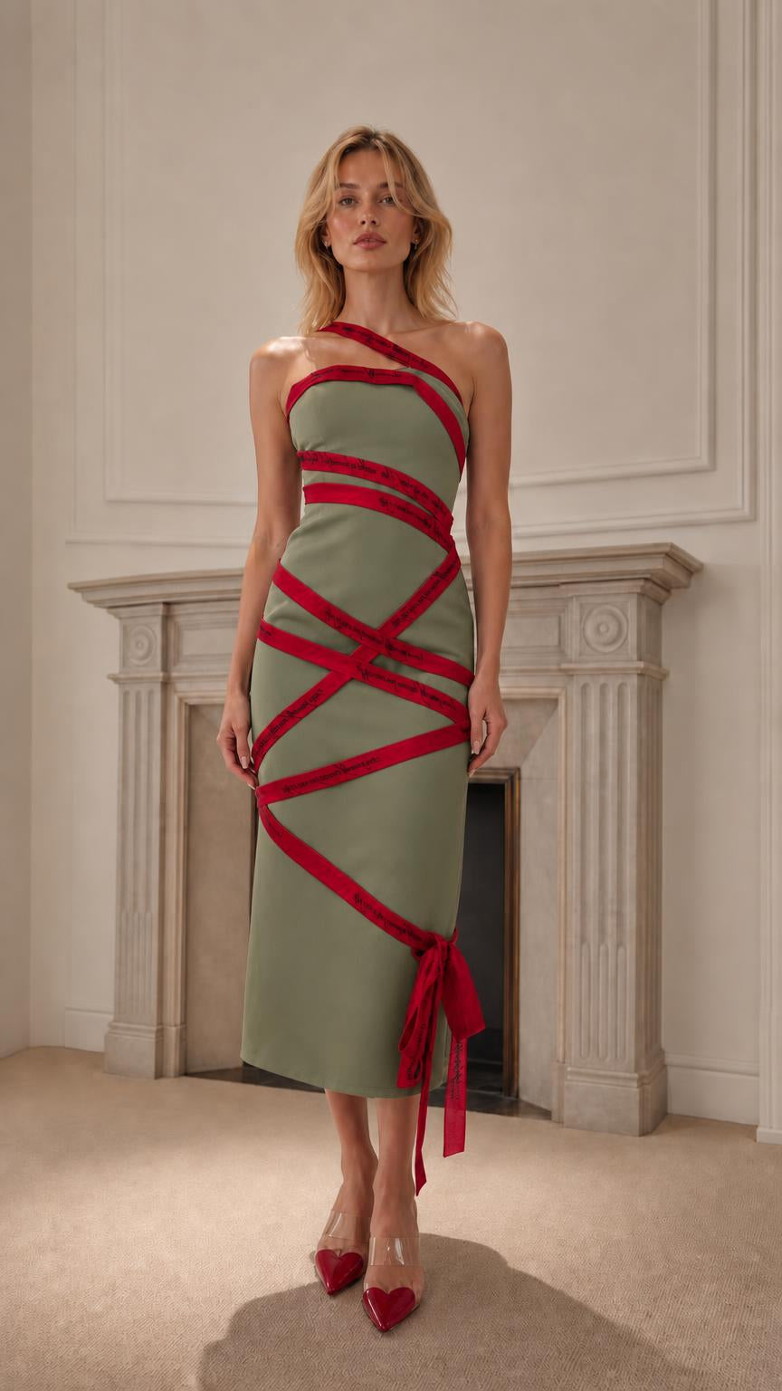 Front view of green color variant with red ribbon details